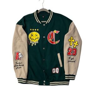 Stylish Men's Varsity Bomber Jacket - Green and Tan